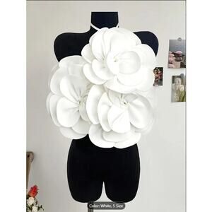 White Oversized 3D Flower Halter Crop Top – Elegant Statement  Party & Festival